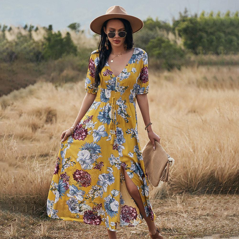 Floral Summer Beach Dress With V Neck Elastic Waist Dresses For Women - Elite Essence Store