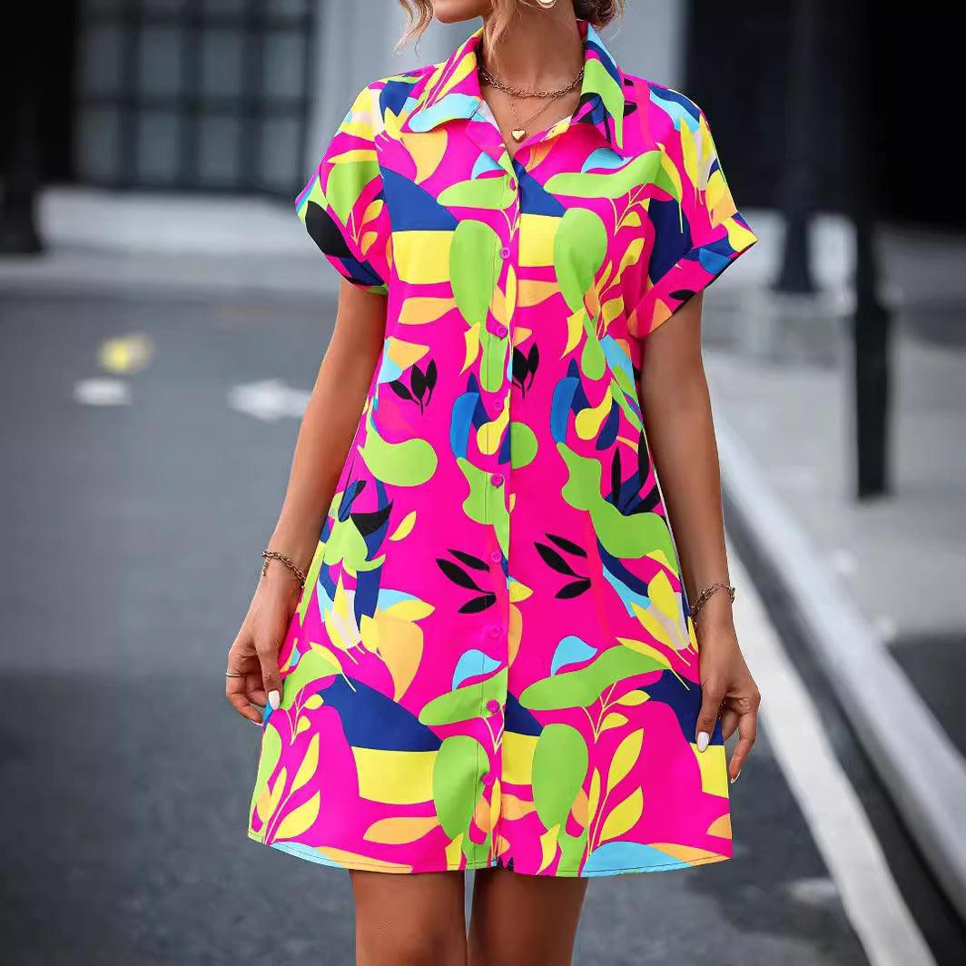 New Floral Print Short Sleeve Shirt Dress Summer Fashion Lapel Loose A-line Dresses For Womens Clothing - Elite Essence Store