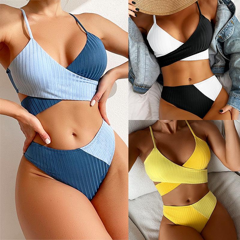 Bikini Patchwork Swimwear Ribbed Women's Swimsuit Knot Back Beachwear Ruched Butt Biquinis Bathing Suits - Elite Essence Store