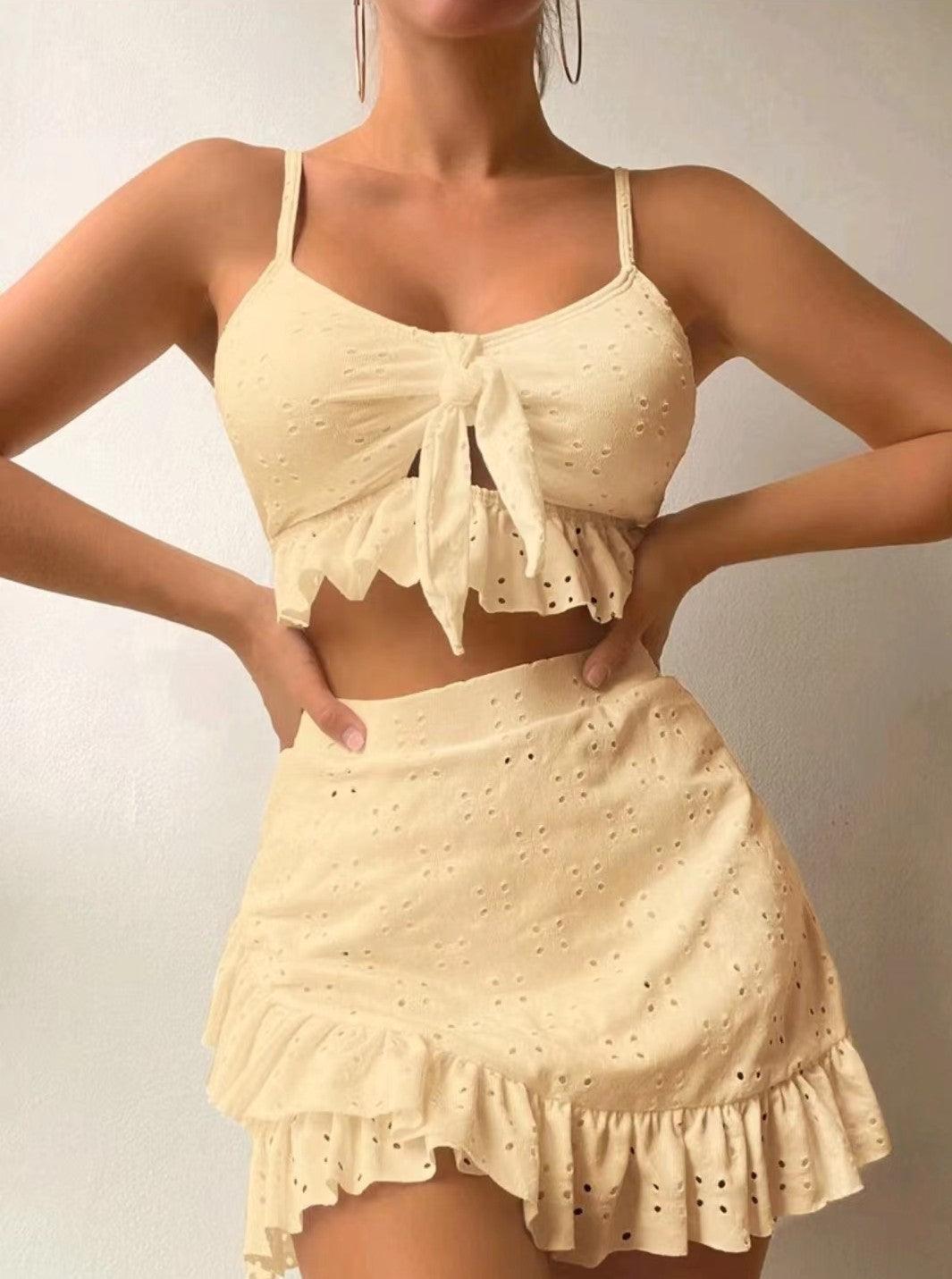 3pcs Beach Bikini With Hip-hugging Skirt Fashion Ruffle Design Swimsuit Set Summer Womens Clothing - Elite Essence Store