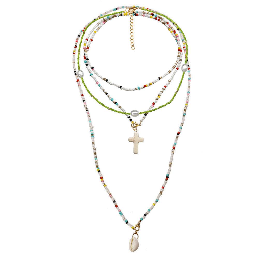 Handmade Color Small Rice-shaped Beads Long Double-layer Shell Cross Pendant Necklace - Elite Essence Store