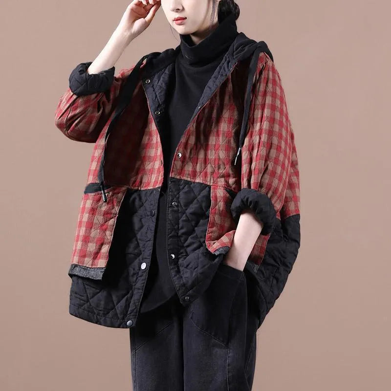 Artistic Plus Size Cotton Linen Cotton-padded Coat Plaid Coat