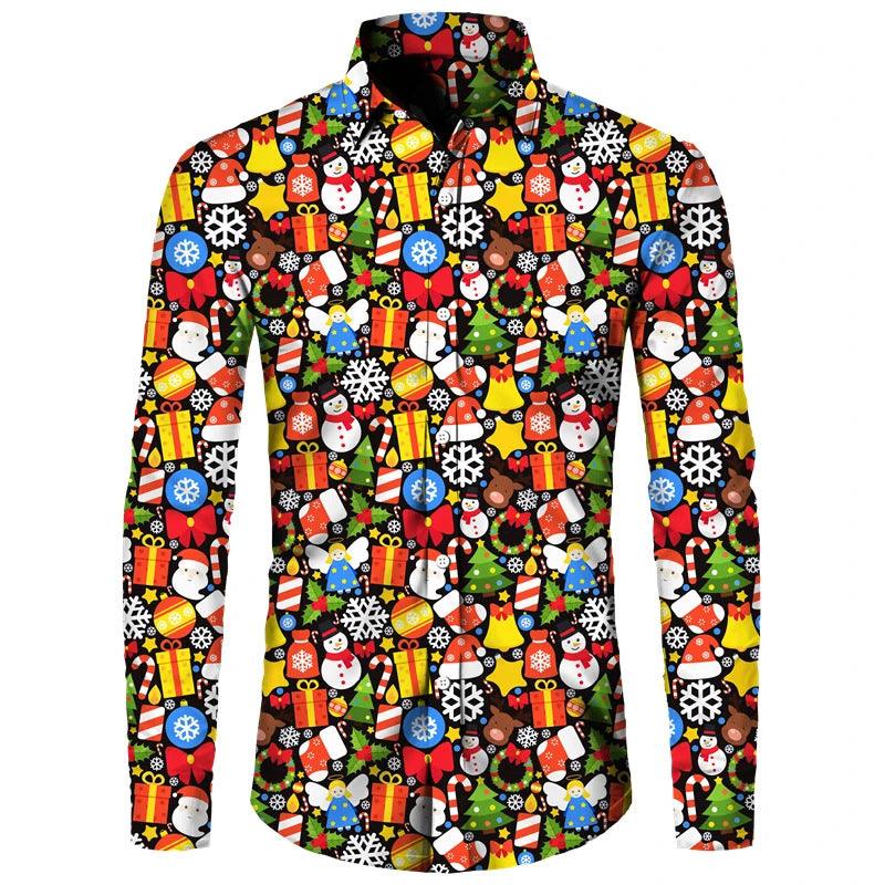 Funny Christmas Theme Digital 3D Printing Men's Button Lining Casual Long Sleeve - Elite Essence Store