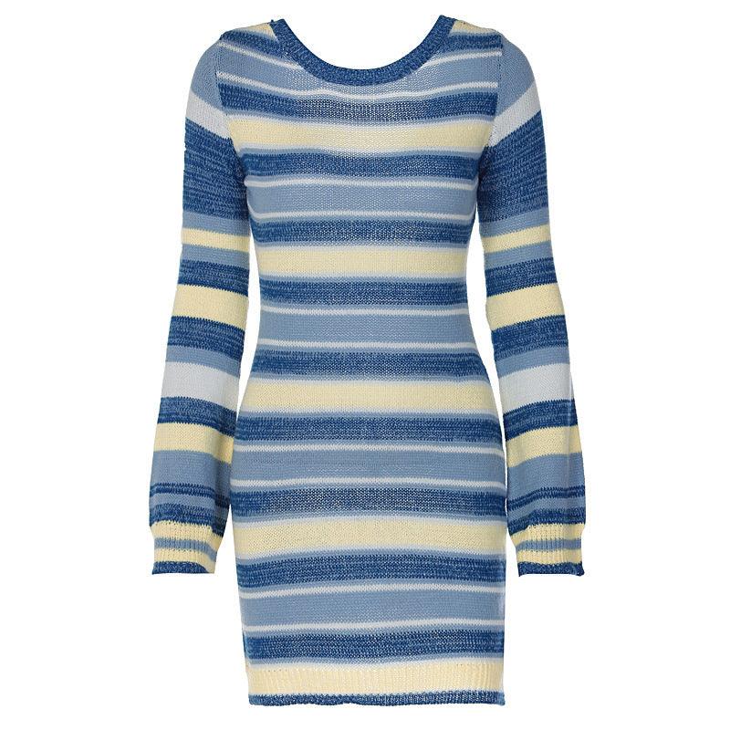 Knitted Sexy Backless Bell Sleeve Striped Dress Sweater - Elite Essence Store