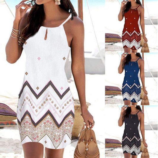 Halter Neck Printed Sleeveless Casual Mini Beach Dress - Elite Essence Store