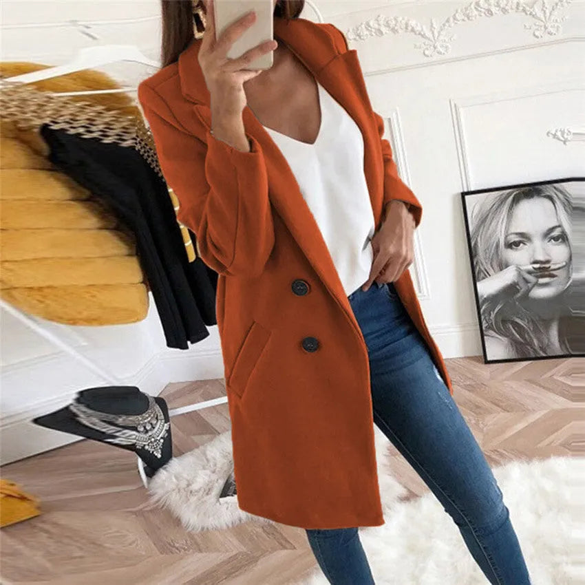 Solid Color Polo Collar Mid-length Button Woolen Coat