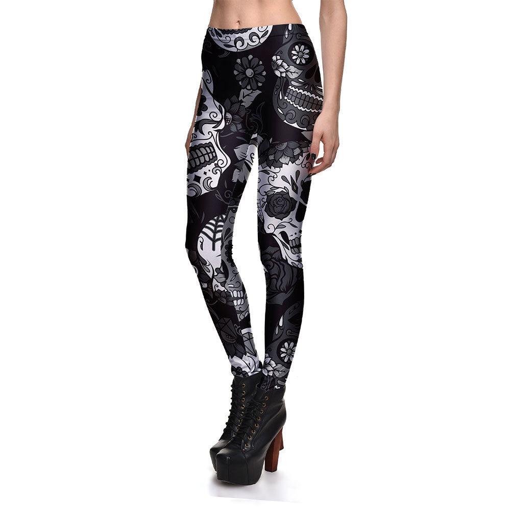 Women's Breathable Sports Print Black And White Skull Leggings - Elite Essence Store