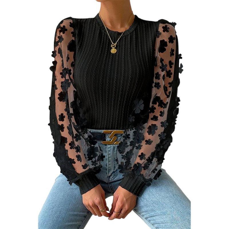 Women's Mesh Small Flower Chiffon Shirt Summer Round Neck Long Sleeve Top - Elite Essence Store