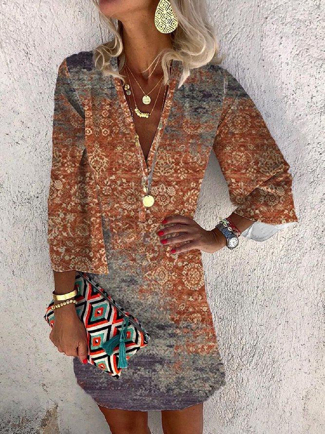 Summer V-neck Hanging Long Sleeve Printed Beach Bohemian Style Short Loose Dress Women - Elite Essence Store