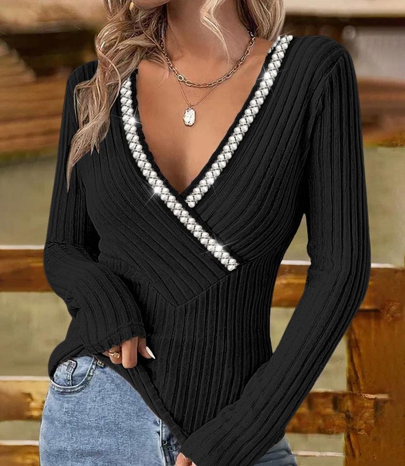 Bubble Beads V-neck Cross Sunken Stripe Top - Elite Essence Store
