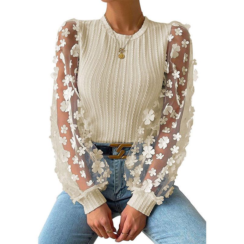 Women's Mesh Small Flower Chiffon Shirt Summer Round Neck Long Sleeve Top - Elite Essence Store