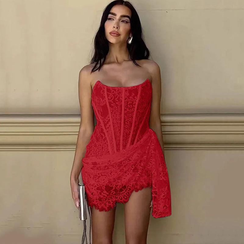 Strapless Lace Dress Party Women Fashion And Sexy Slim Skirt With Back Lace-up Design - Elite Essence Store