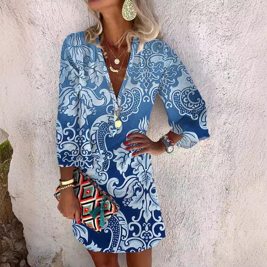 Summer V-neck Hanging Long Sleeve Printed Beach Bohemian Style Short Loose Dress Women - Elite Essence Store