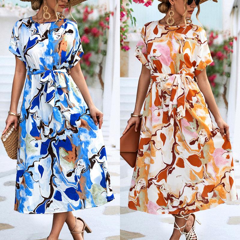 Summer Print Short-sleeved Dress Summer Loose Lace-up A-line Long Dresses Fashion Casual Holiday Beach Dress For Womens Clothing - Elite Essence Store