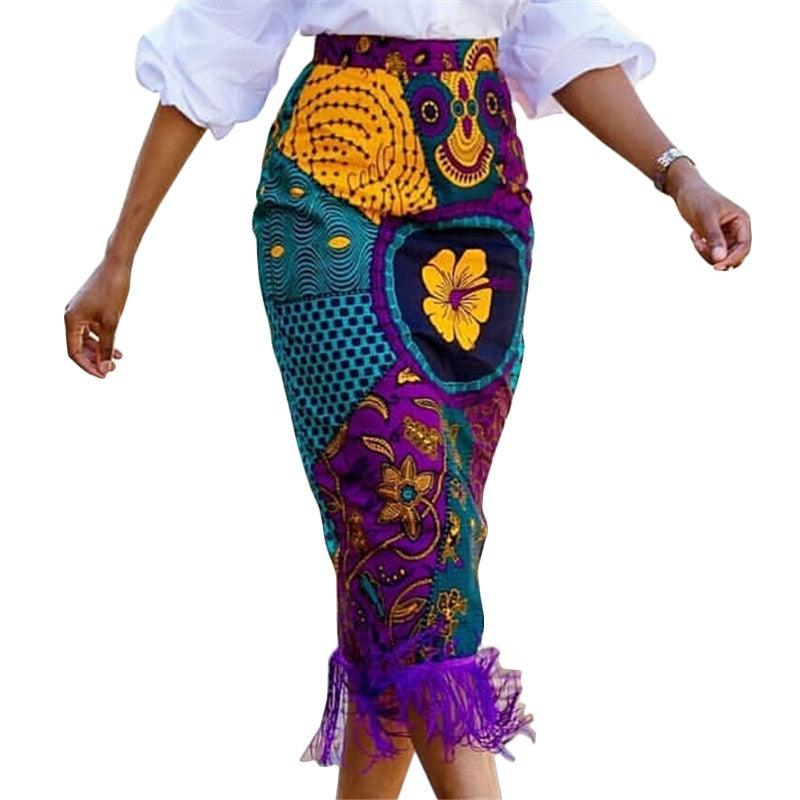 High Waist Print Stitching Tassel Hip Cross-border Plus Size Women's Party Skirt - Elite Essence Store