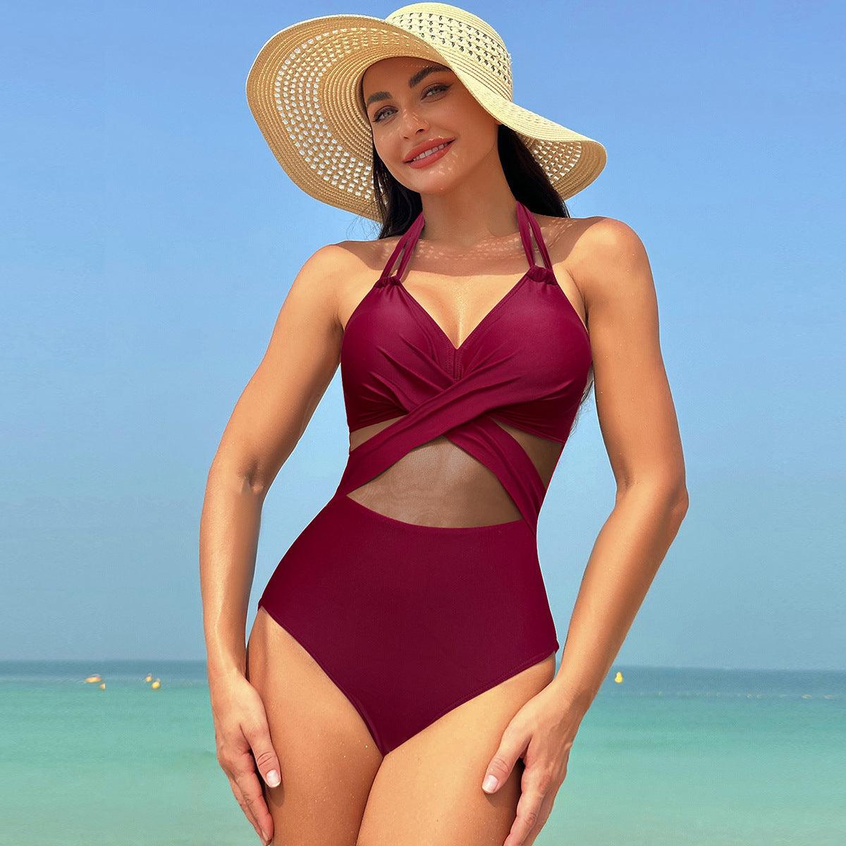 Halter-neck One-piece Swimsuit Summer Solid Color Cross-strap Design Mesh Bikini Beach Vacation Womens Clothing - Elite Essence Store