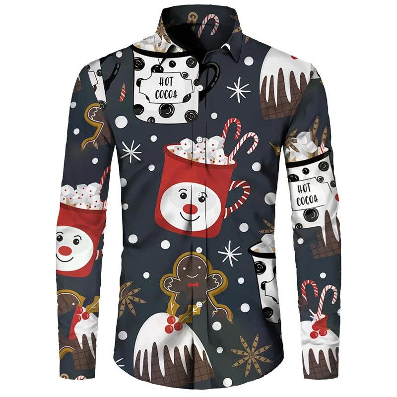 Funny Christmas Theme Digital 3D Printing Men's Button Lining Casual Long Sleeve - Elite Essence Store