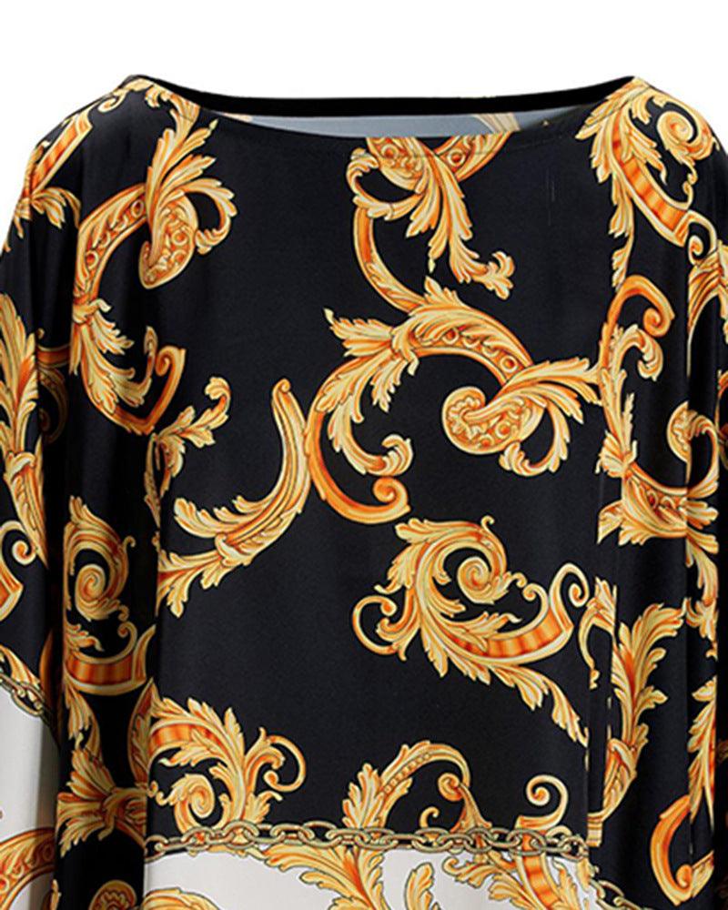 Women's Baroque Print Loose Batwing Sleeve Top - Elite Essence Store