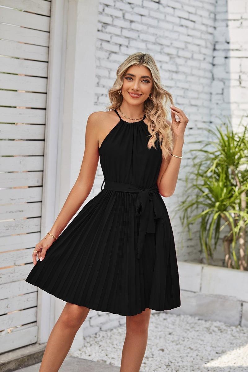 Halter Strapless Dresses For Women Solid Pleated Skirt Summer Beach Sundress - Elite Essence Store