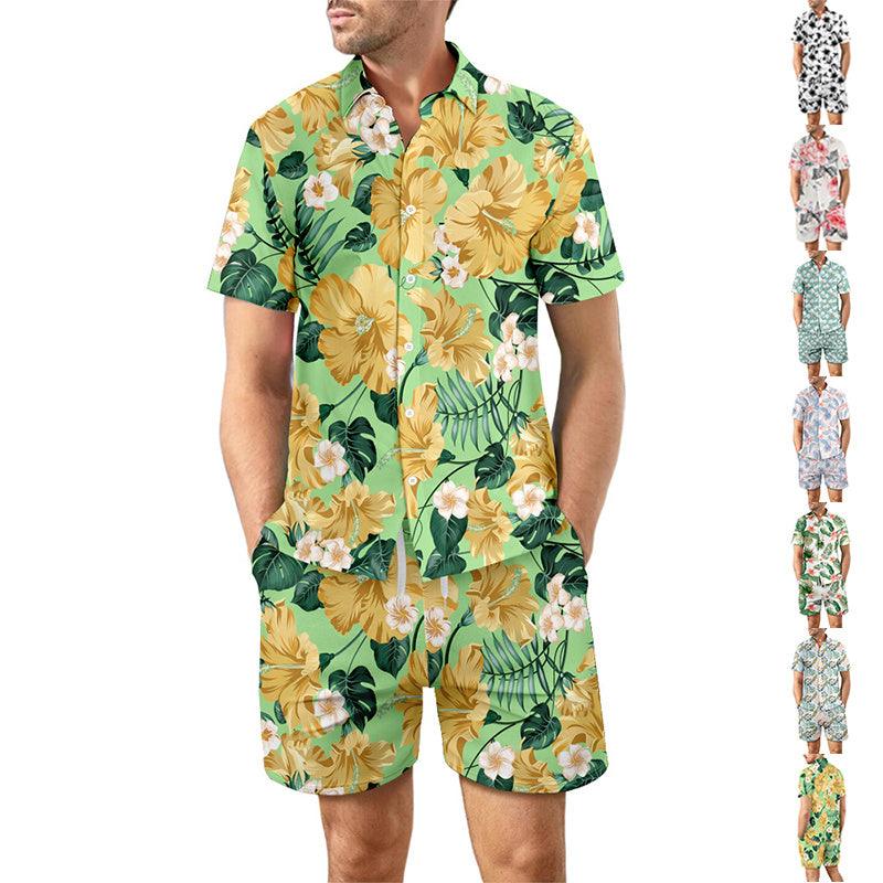 2Pcs Printed Beach Shirt Summer Suit Loose Lapel Button Top And Drawstring Pockets Shorts Casual Short Sleeve Suits For Men Clothing - Elite Essence Store