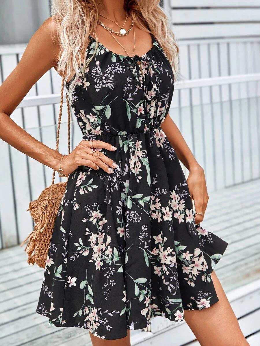 Floral Print Suspender Dress With Elastic Waist Design Fashion Summer Short Dresses Womens Clothing - Elite Essence Store