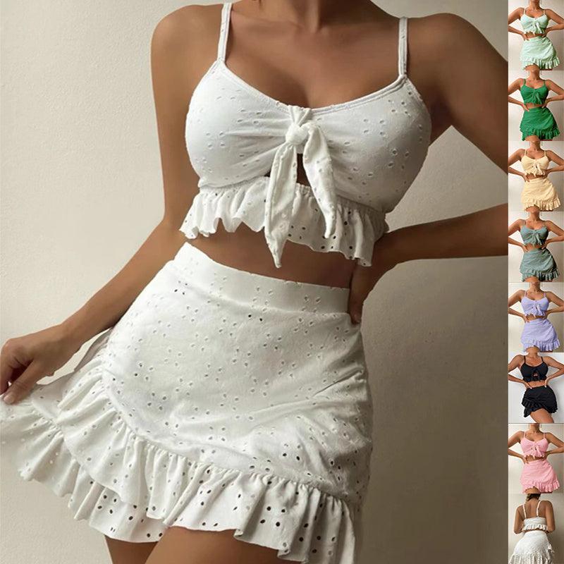 3pcs Beach Bikini With Hip-hugging Skirt Fashion Ruffle Design Swimsuit Set Summer Womens Clothing - Elite Essence Store