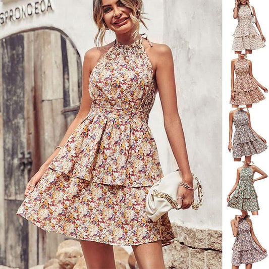 Summer Printed Halter Dress Fashion Boho Backless Ruffled A-Line Beach Dresses For Womens Clothing - Elite Essence Store