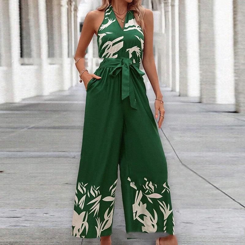 Printing Series Belt Halter Backless Jumpsuit For Women - Elite Essence Store