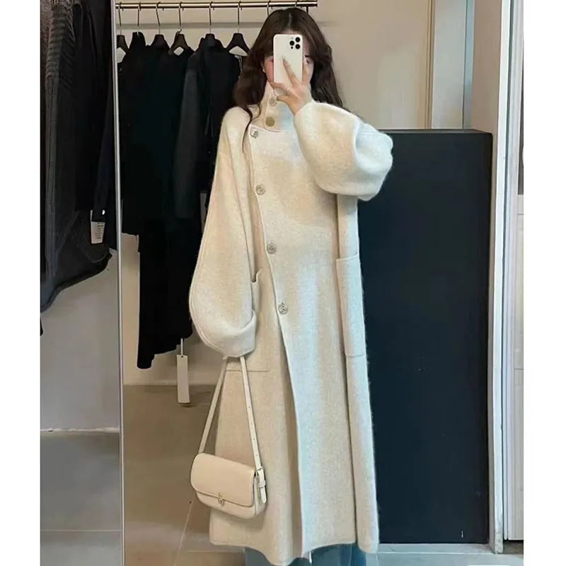 Mid-length Wool Overcoat Coat Women's Outer Wear Turtleneck Knitting Sweater Cardigan