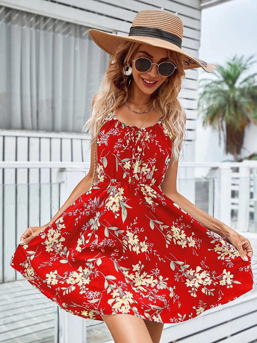 Floral Print Suspender Dress With Elastic Waist Design Fashion Summer Short Dresses Womens Clothing - Elite Essence Store