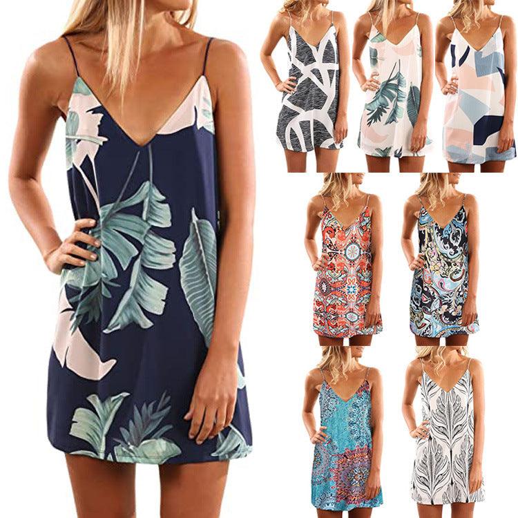 V-neck Suspender Open-back Printed Beach Boho Short Dress Beachwear - Elite Essence Store