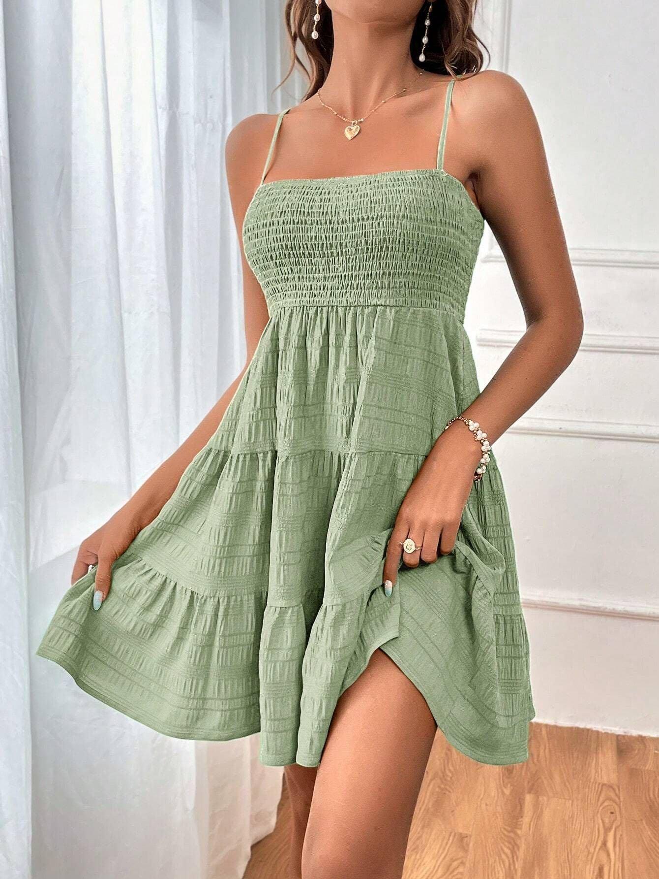 Summer Square-collar Suspender Pleated Dress Fashion Solid Color Beach Dresses For Womens Clothing - Elite Essence Store