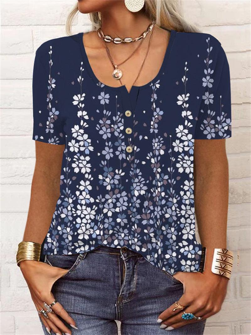 Summer Loose Short Sleeves Geometric Floral U-neck Button T-shirt - Elite Essence Store