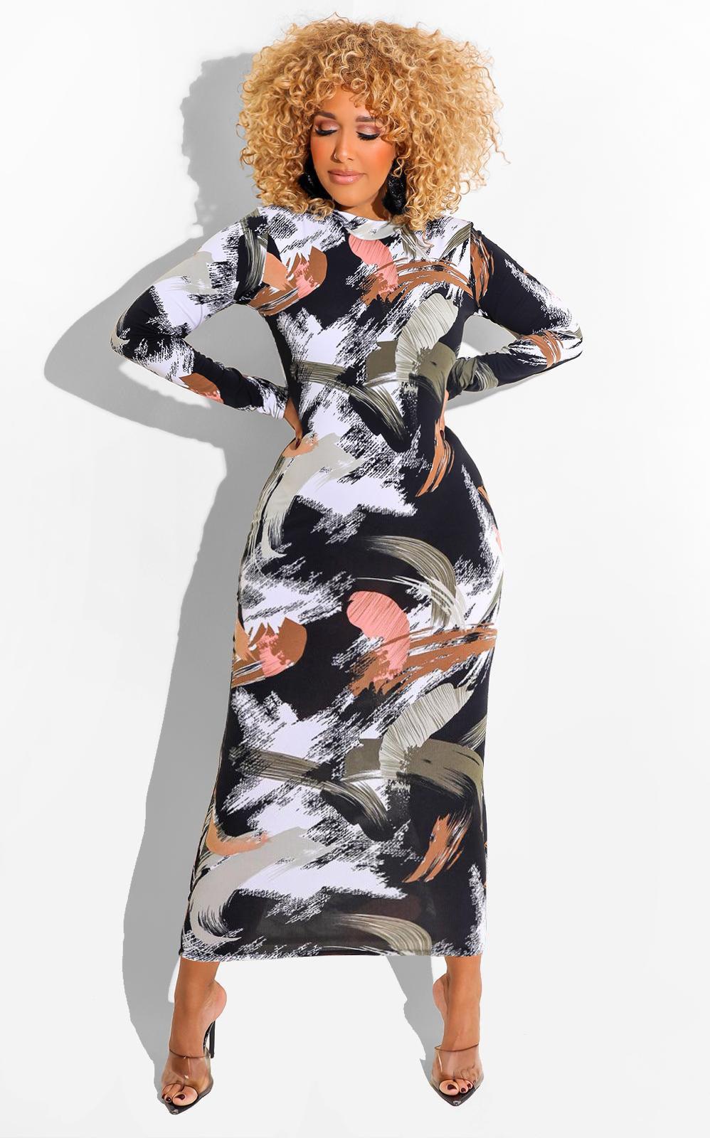 Printed Zipper Double-sided Long Sleeve Dress - Elite Essence Store