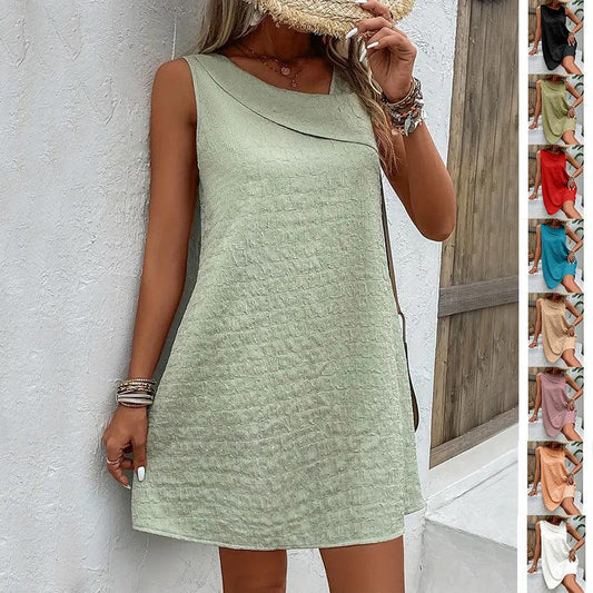 Fashion Solid Color Sleeveless Dress Summer Slim Diagonal-neck Dresses For Womens Clothing - Elite Essence Store