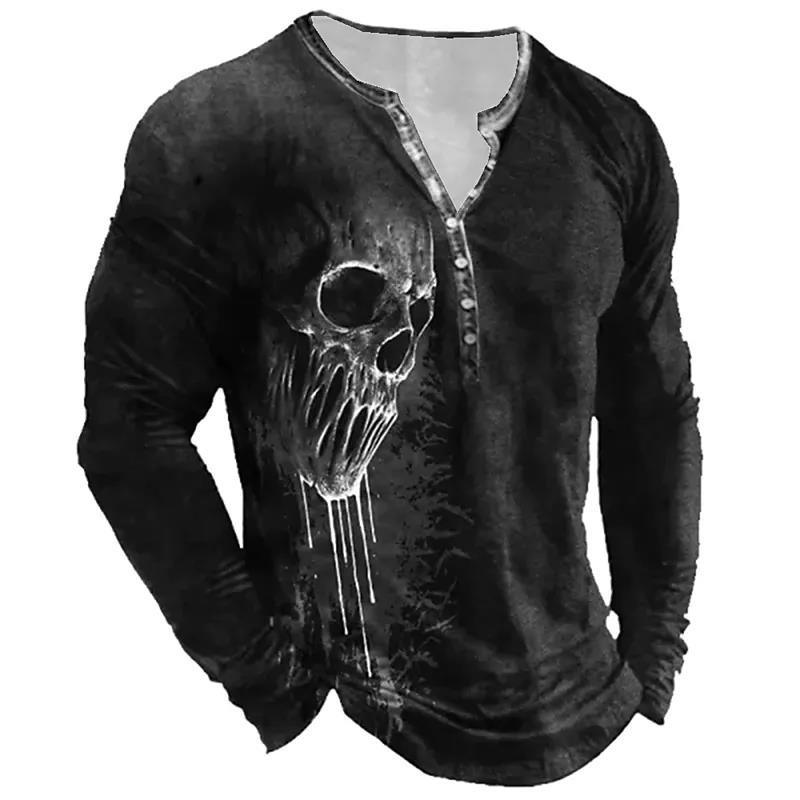 European And American Vintage Print Seven Button Open Placket Skull Long Sleeve T-shirt - Elite Essence Store