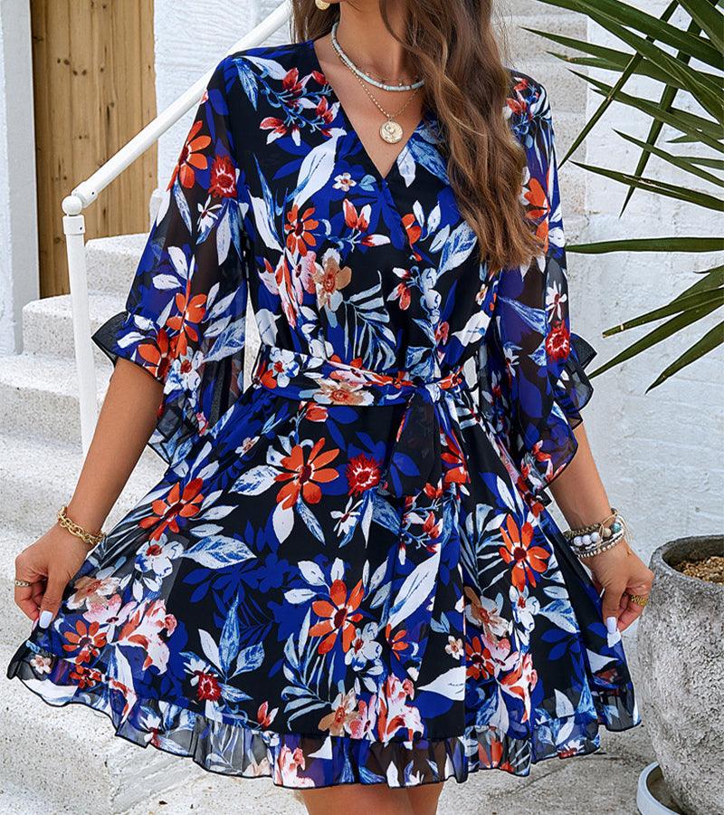 Summer Floral Print Short Sleeves Dress Lace Up Ruffles Design Fashion V-neck Short Dresses Womens Clothing - Elite Essence Store