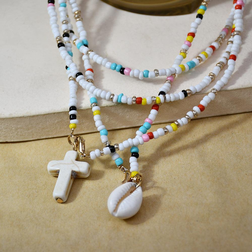 Handmade Color Small Rice-shaped Beads Long Double-layer Shell Cross Pendant Necklace - Elite Essence Store