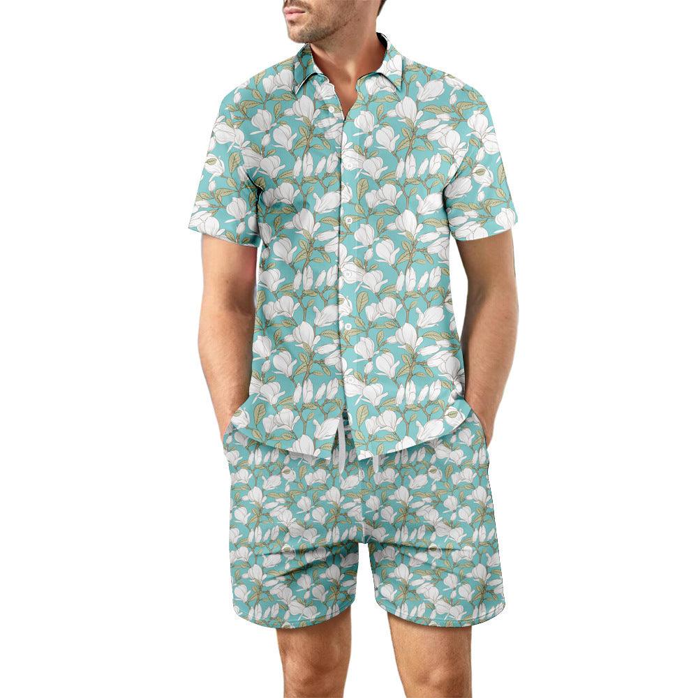 2Pcs Printed Beach Shirt Summer Suit Loose Lapel Button Top And Drawstring Pockets Shorts Casual Short Sleeve Suits For Men Clothing - Elite Essence Store