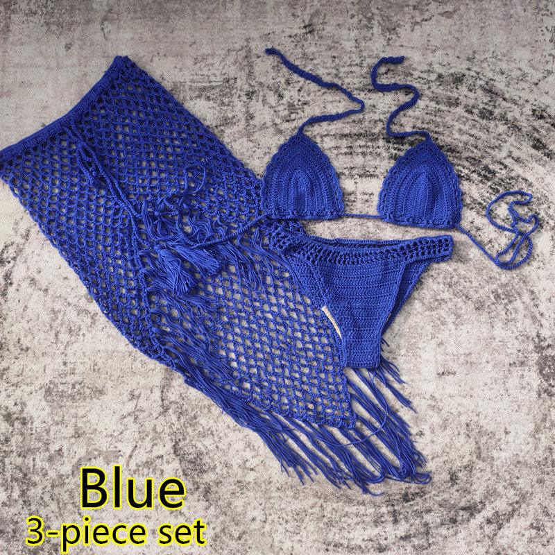 3-piece European And American Handmade Crochet Bikini Beach Skirt Swimsuit Suit - Elite Essence Store