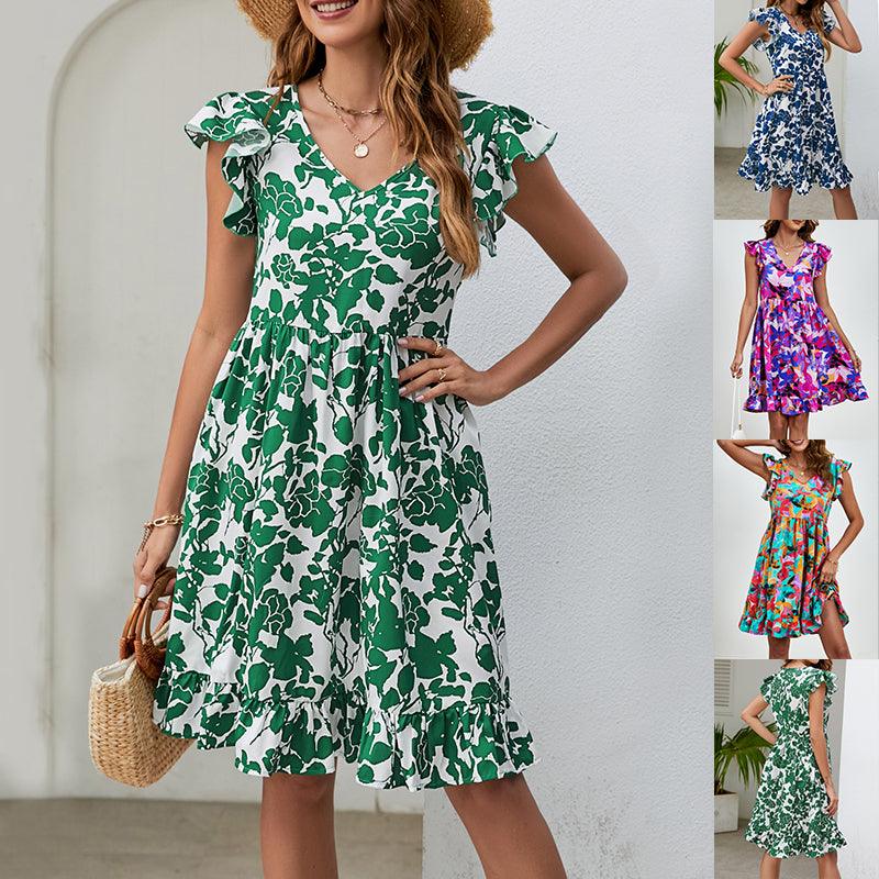 Leaf Print Dress Summer V-neck Ruffled Sleeveless A-Line Dresses Fashion Casual Holiday Beach Dress For Womens Clothing - Elite Essence Store