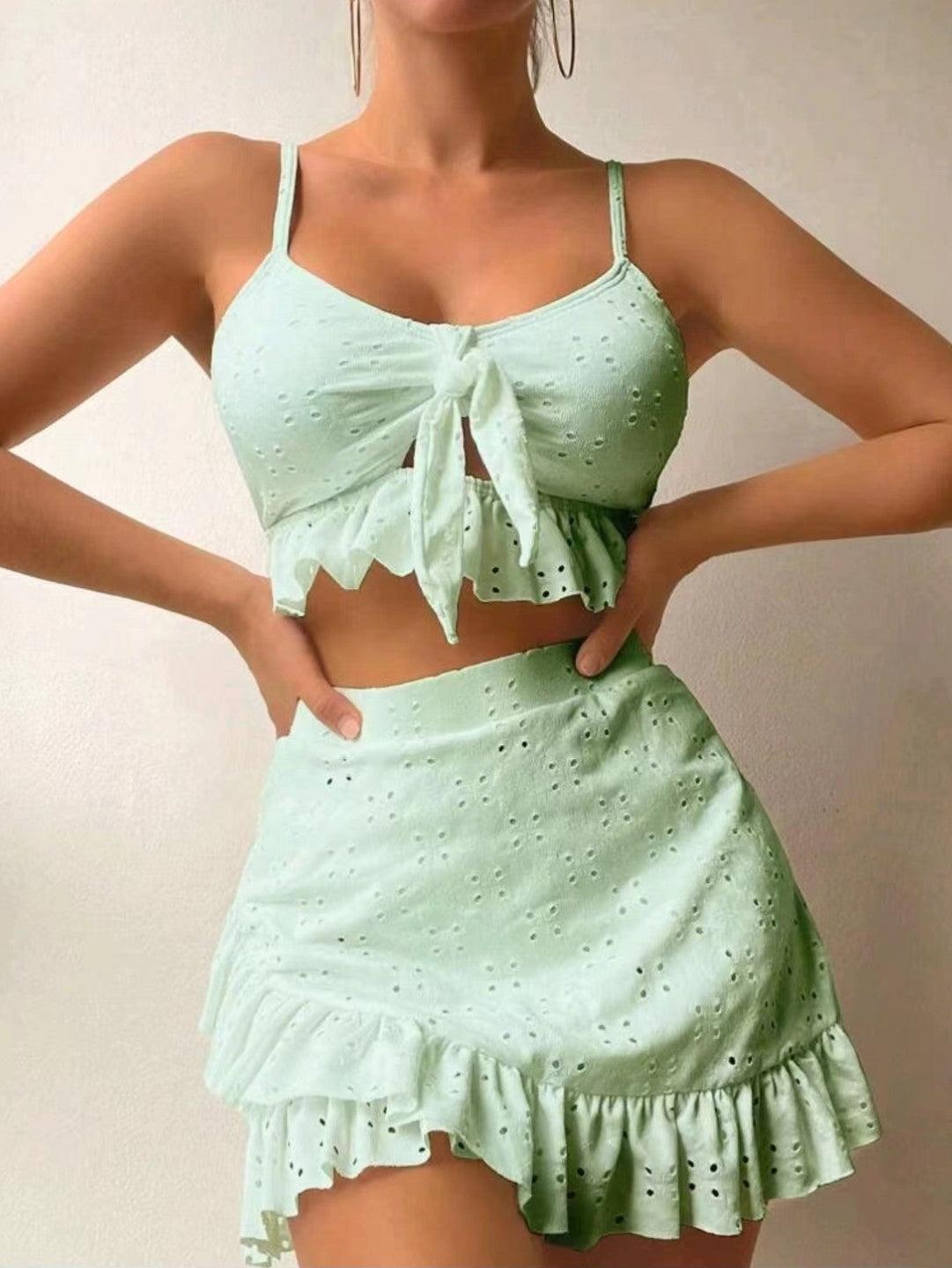 3pcs Beach Bikini With Hip-hugging Skirt Fashion Ruffle Design Swimsuit Set Summer Womens Clothing - Elite Essence Store