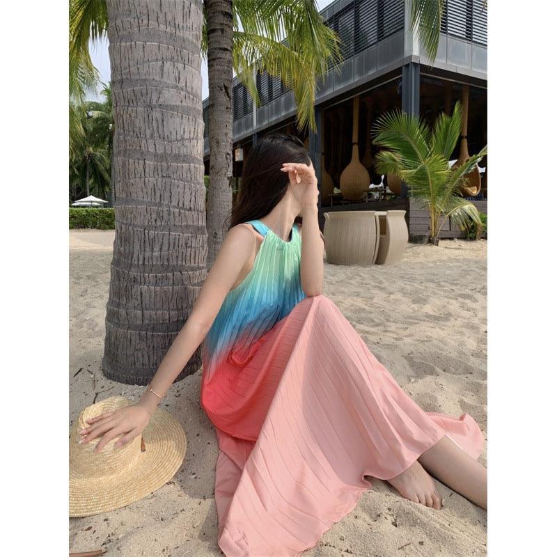 Loose Big Swing Beach Seaside Holiday Pleated Dress - Elite Essence Store