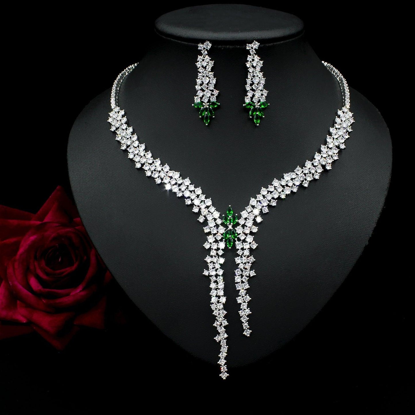 Silver Needle Fashion Exaggerated Inlaid Zircon Earrings And Necklace Set - Elite Essence Store