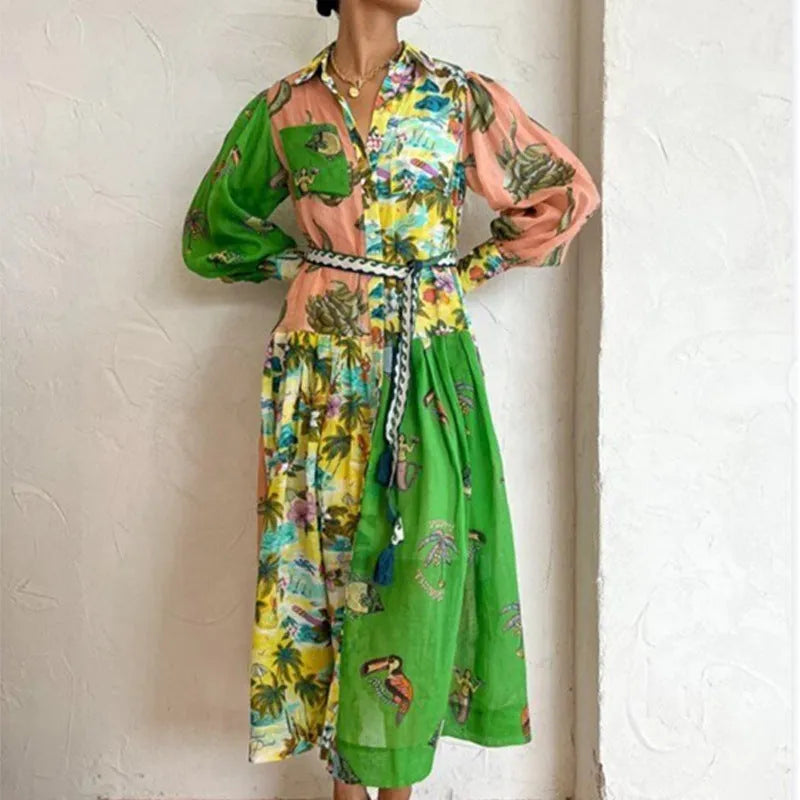 Elegant Lantern Sleeve Printed Long Lapel And Waist Tight Long Sleeve Dress