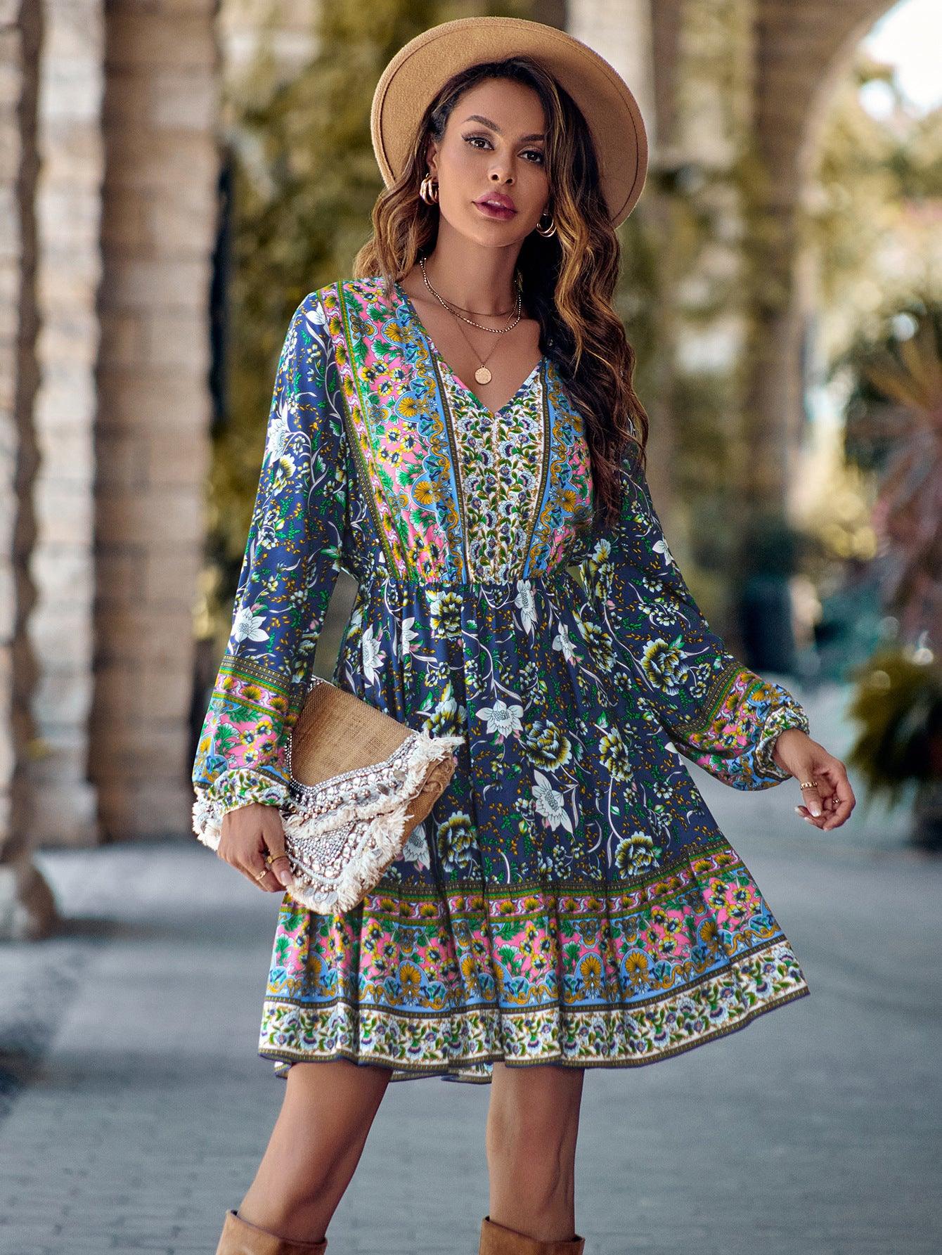 Printed V-neck Waist-controlled Long Sleeves Dress Women - Elite Essence Store