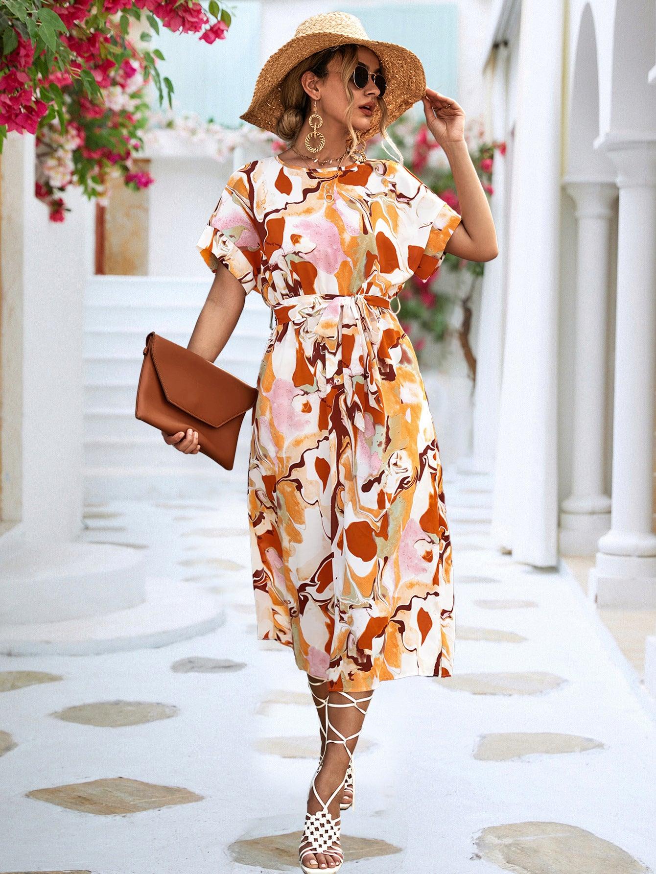 Summer Print Short-sleeved Dress Summer Loose Lace-up A-line Long Dresses Fashion Casual Holiday Beach Dress For Womens Clothing - Elite Essence Store