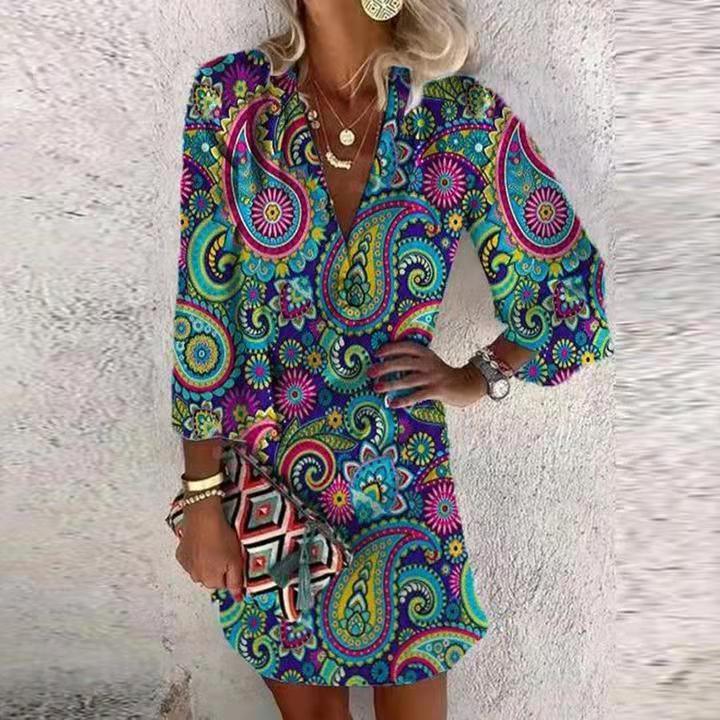 Summer V-neck Hanging Long Sleeve Printed Beach Bohemian Style Short Loose Dress Women - Elite Essence Store