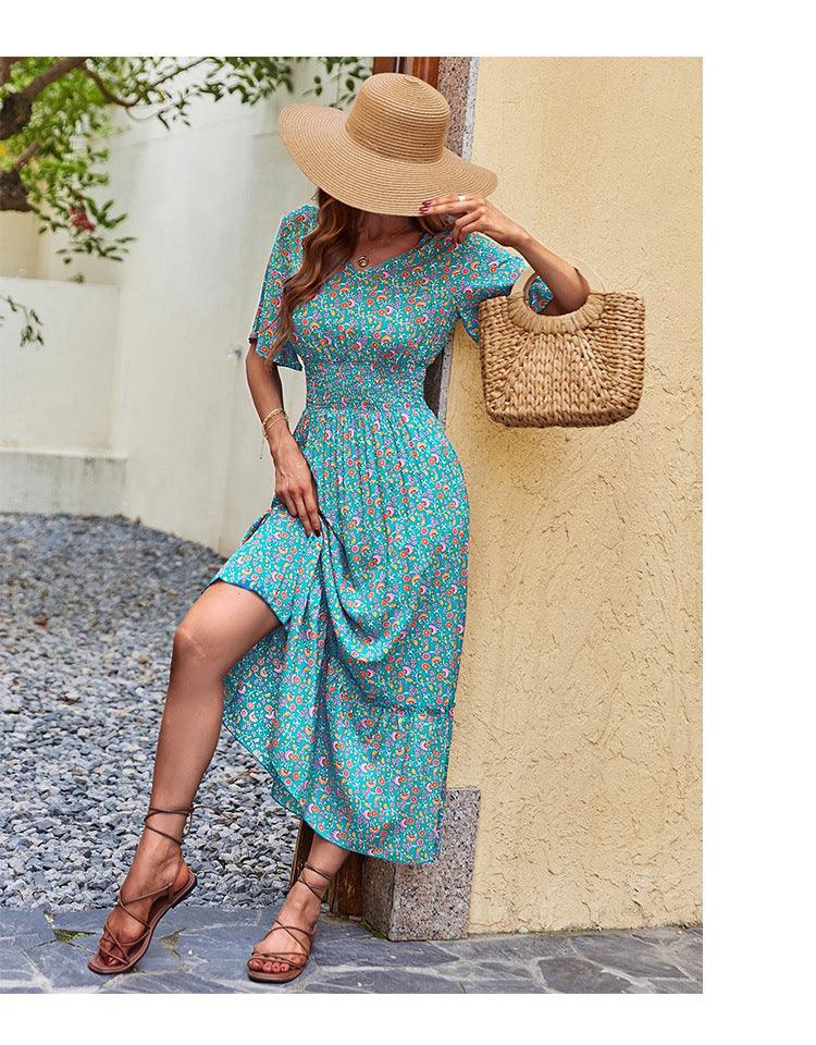 Women's V-neck Beach Lace Printing Dress - Elite Essence Store