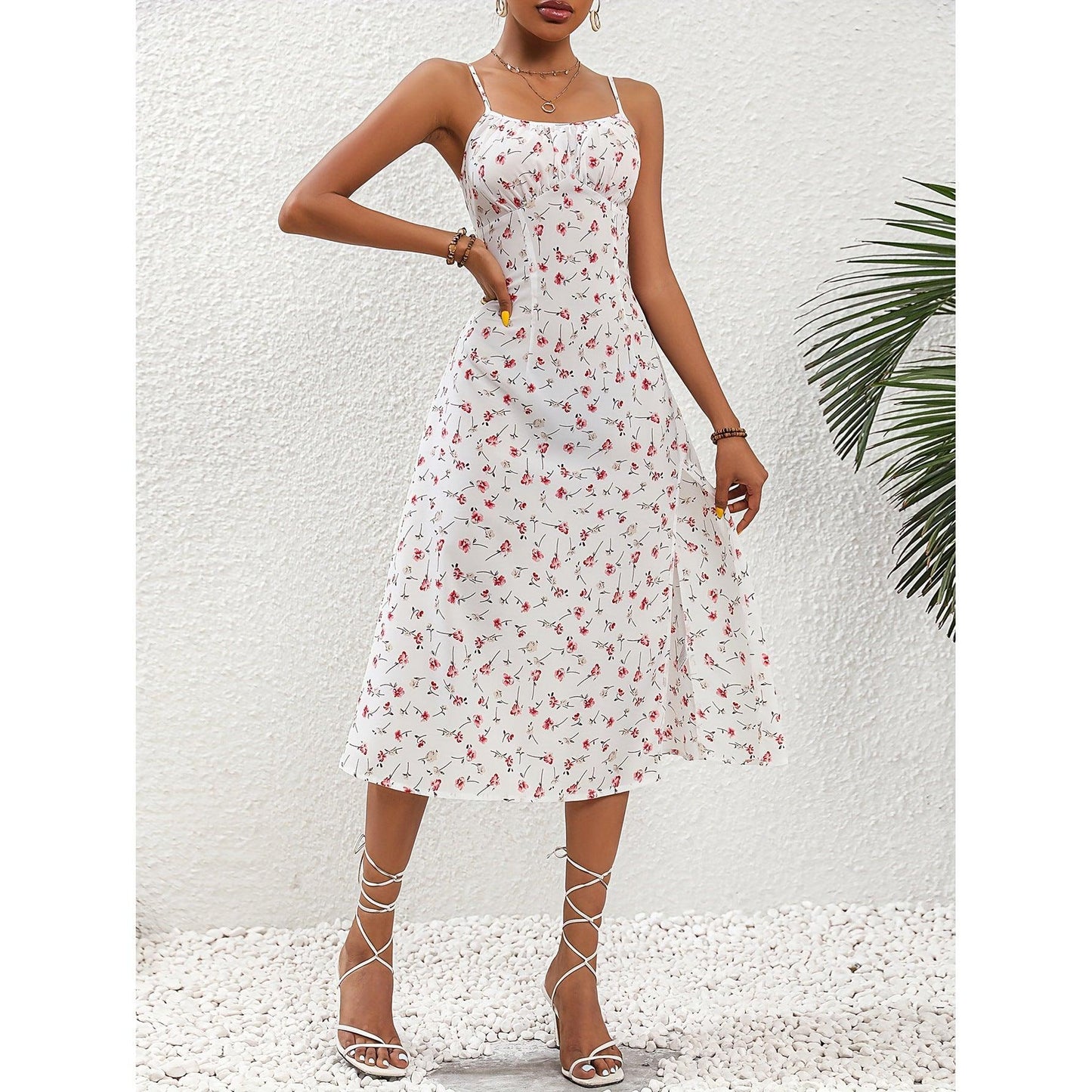 New Polka Dot Print Suspender Dress Summer Sexy Slit Long Dresses For Womens Clothing - Elite Essence Store